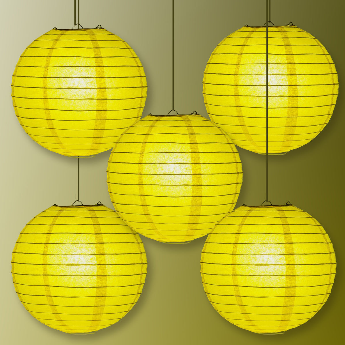 BULK PACK (5) 10&quot; Yellow Round Paper Lantern, Even Ribbing, Chinese Hanging Wedding &amp; Party Decoration