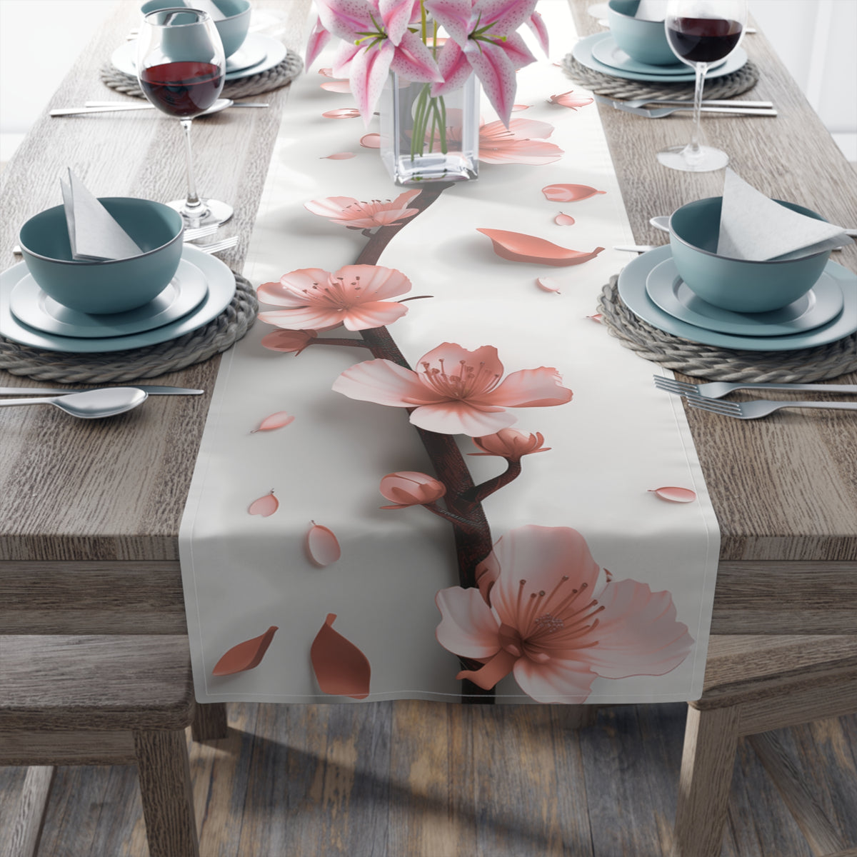 3D Table Runner with Pretty Plum Blossoms Design (16&quot; × 72&quot;)