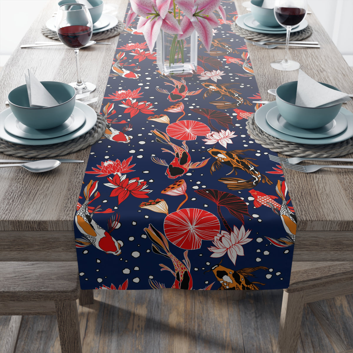 Midnight Table Runner with Koi Fish Design (16&quot; × 72&quot;)