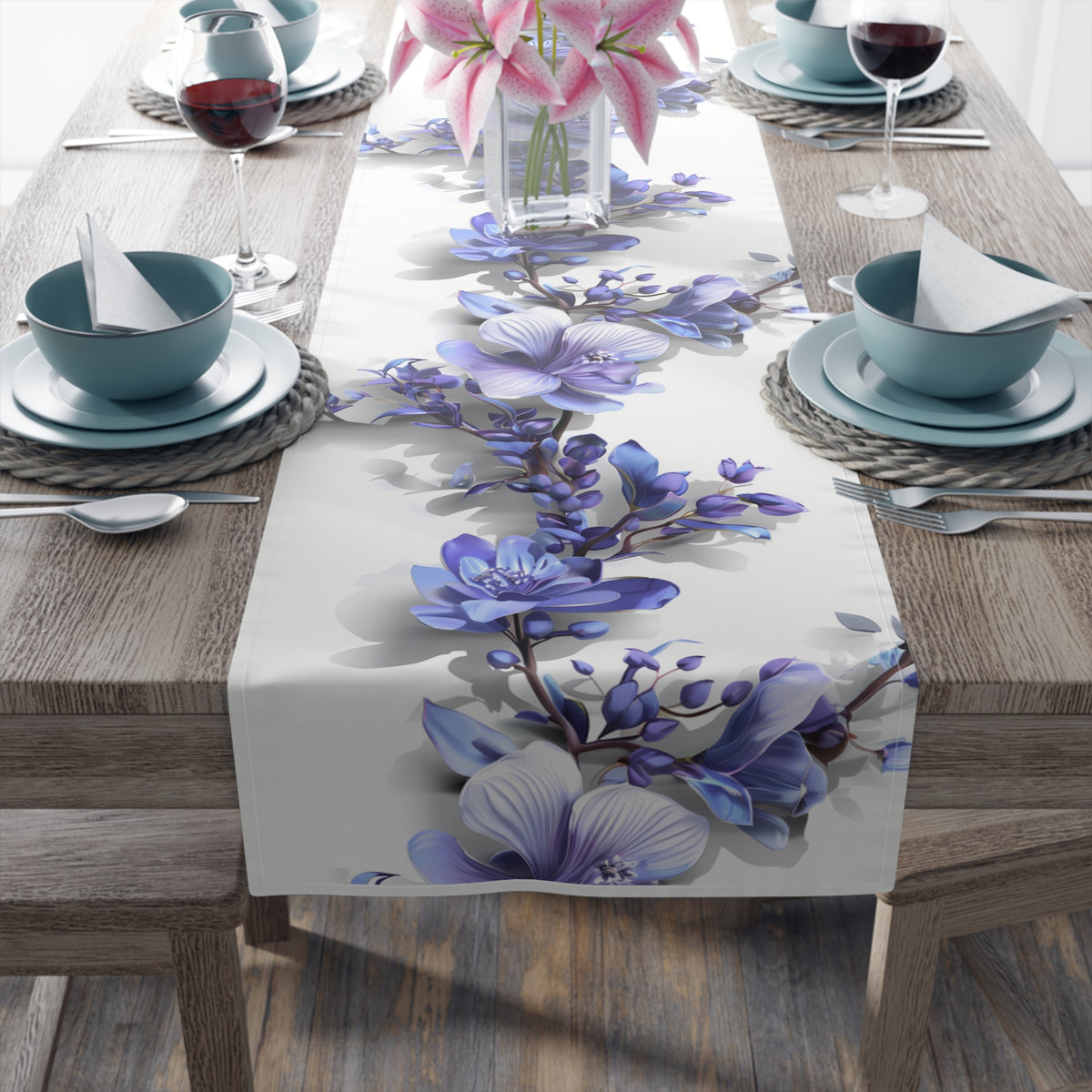 3D Table Runner with Blue Lavender Floral Design (16&quot; × 72&quot;)