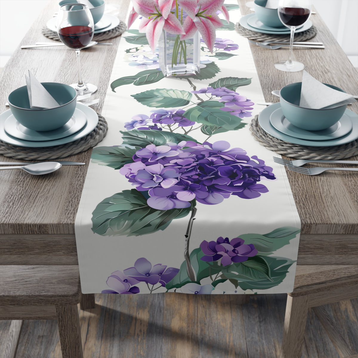 Serenity Table Runner with Purple Hydrangea Floral Design (16&quot; × 72&quot;)