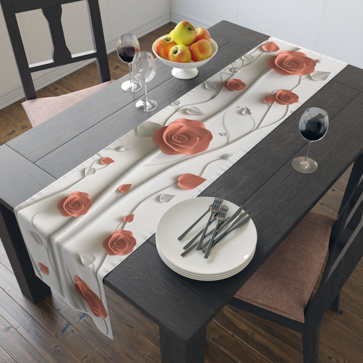 3D Table Runner with Elegant Red Roses Floral Design (16&quot; × 72&quot;)