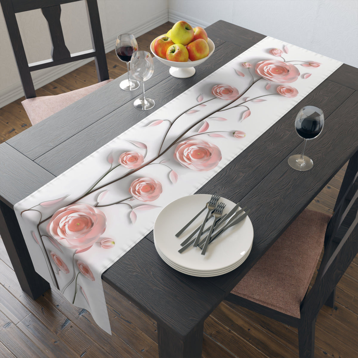 3D Table Runner with Pink Ranunuculus Floral Design (16&quot; × 72&quot;)