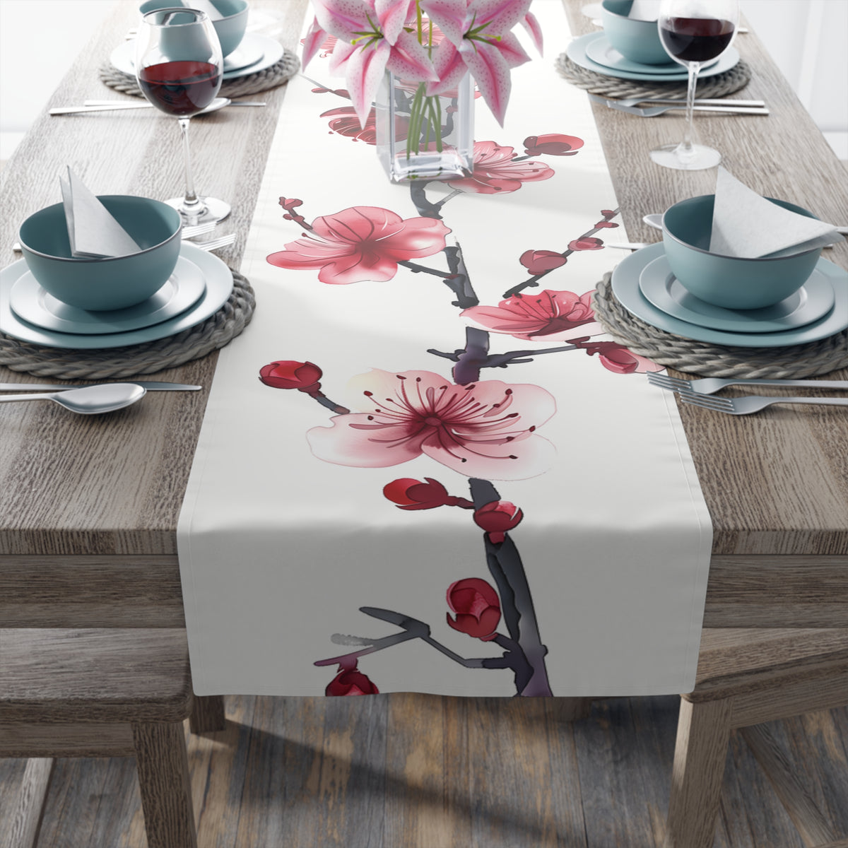 Elegant Table Runner with Pretty Plum Blossoms Design (16&quot; × 72&quot;)