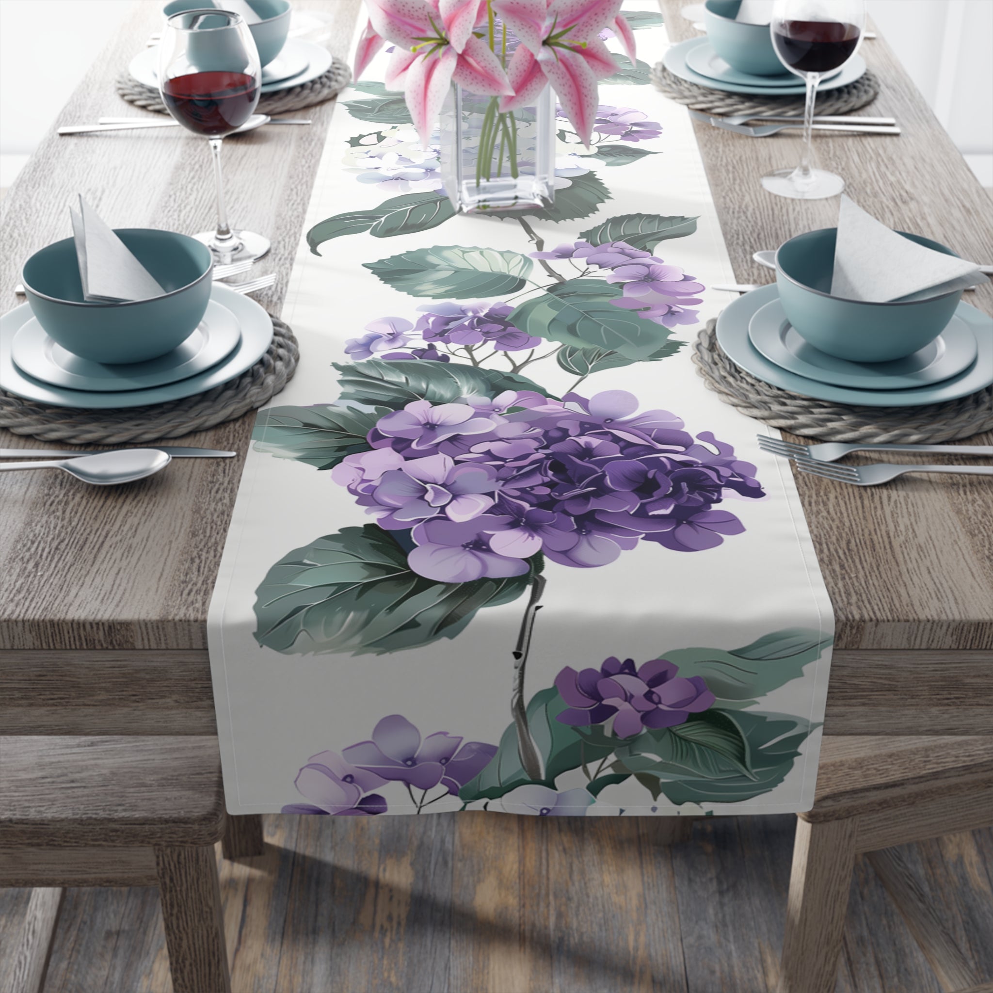 Serenity Table Runner with Purple Hydrangea Floral Design (16