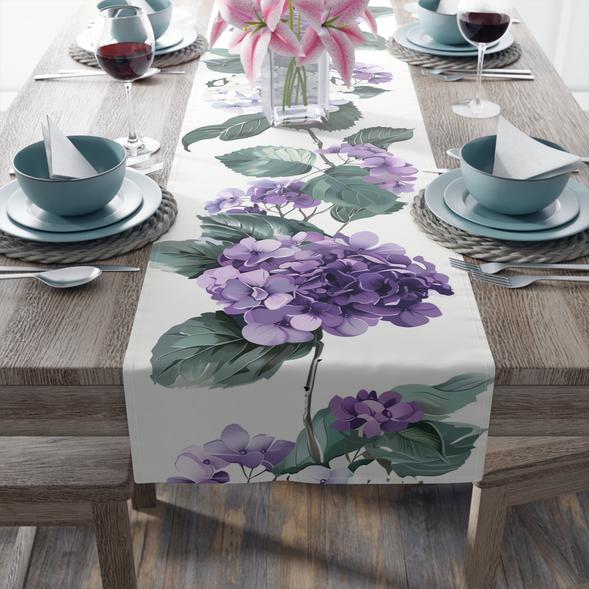 Serenity Table Runner with Purple Hydrangea Floral Design (16&quot; × 72&quot;)