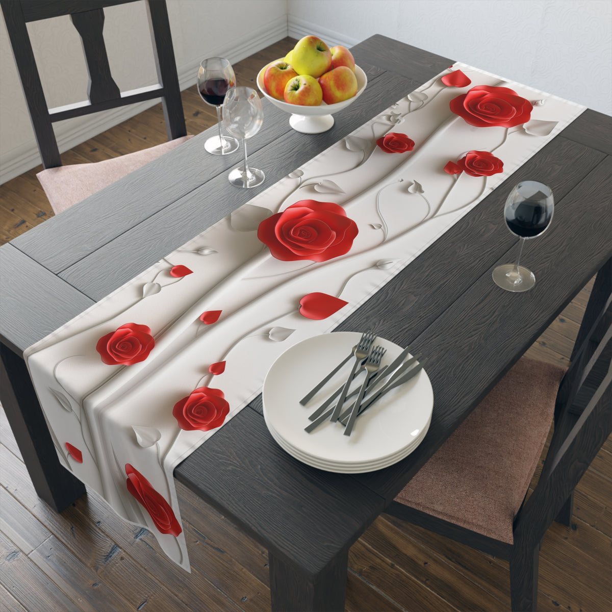 3D Table Runner with Elegant Red Roses Floral Design (16&quot; × 72&quot;)
