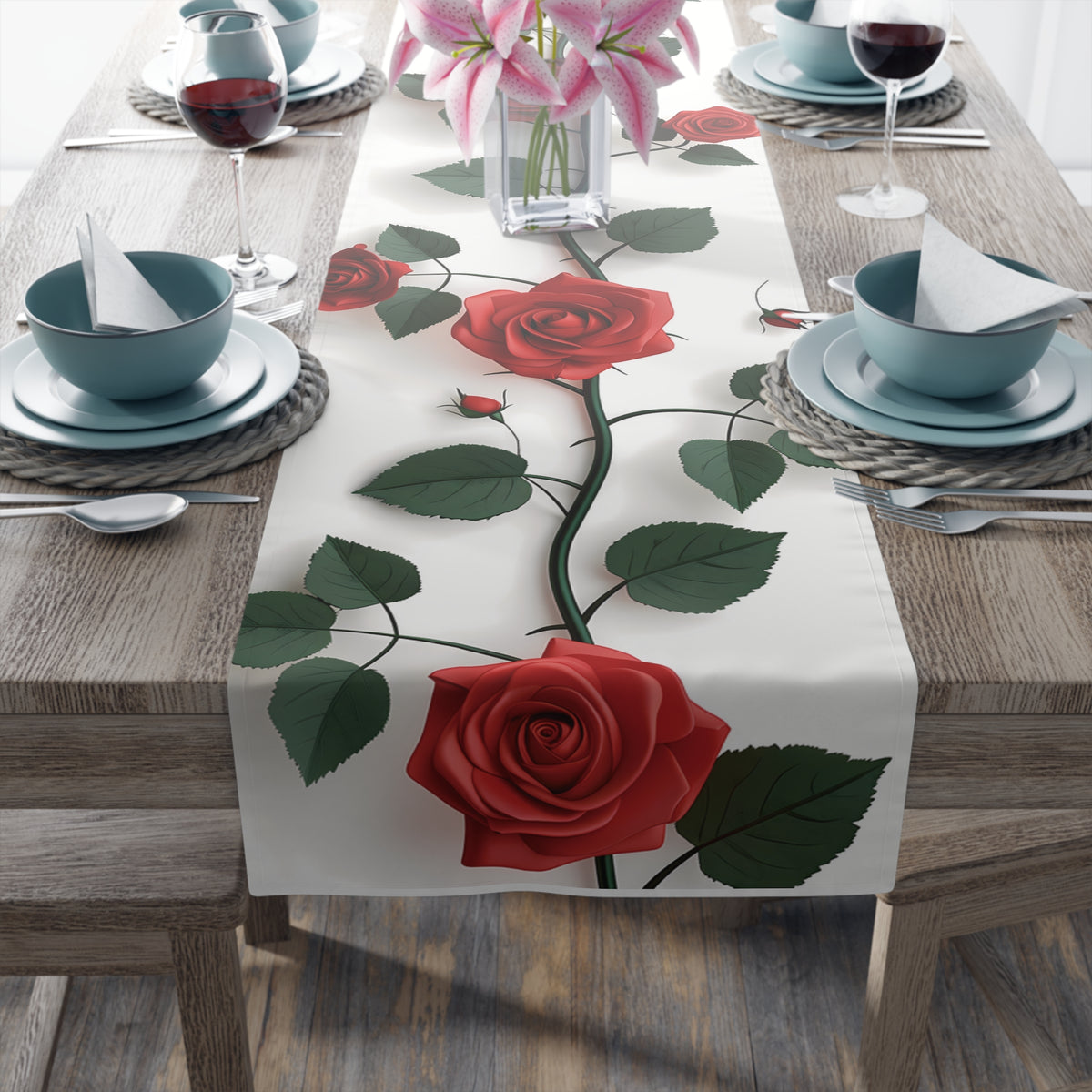 Classic Table Runner with Pretty Red Roses Floral Design (16&quot; × 72&quot;)