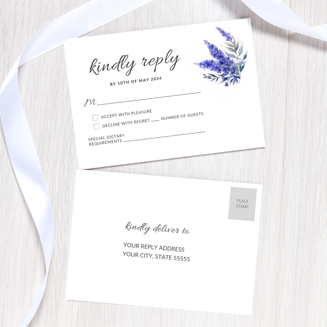 Set of Printable Wedding Invitation Templates, with Blue Lavender Floral Design, Digital Download, Custom DIY Edit and Print (Set Includes Invitation, RSVP and Details Card)