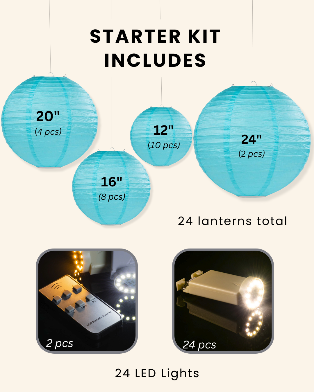 Blue Wedding &amp; Party Decoration Starter Kit – 24 Blue Paper Lanterns &amp; LED Lights | Optional Parasols &amp; Hand Fan Bundle