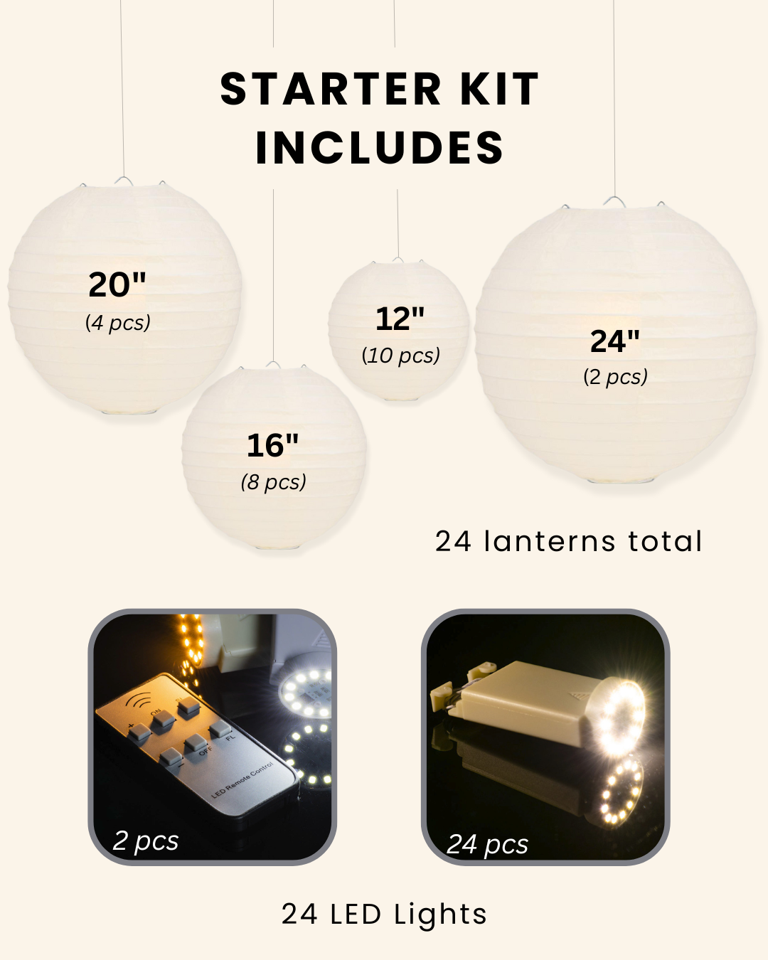 Beige Wedding &amp; Party Decoration Starter Kit – 24 Beige Paper Lanterns &amp; LED Lights | Optional Parasols &amp; Hand Fan Bundle