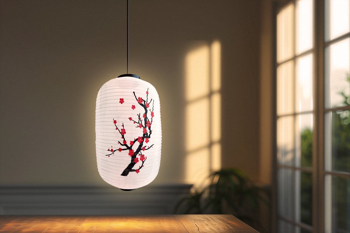 Large Japanese Style Nylon Lantern with Plum Tree Blossoms, White (12&quot;W x 19.5&quot;H)
