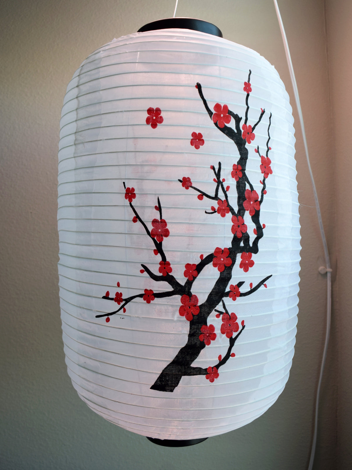 Large Japanese Style Nylon Lantern with Plum Tree Blossoms, White (12&quot;W x 19.5&quot;H)