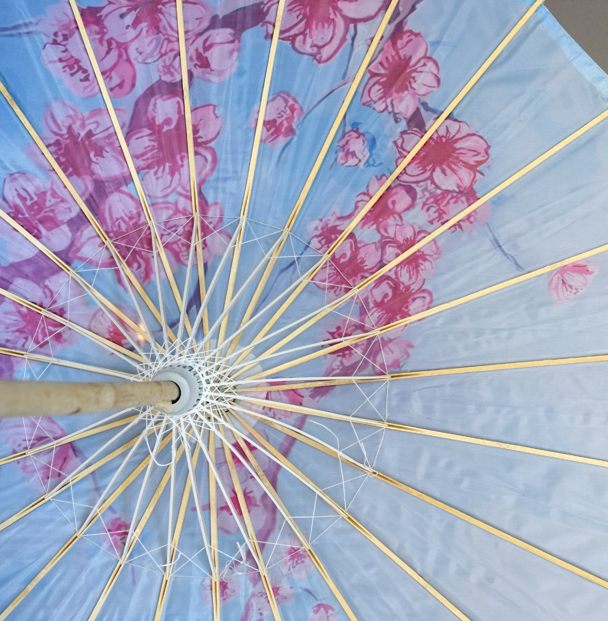 32&quot; Sky Blue Cherry Blossom Nylon Parasol Umbrella with Elegant Handle