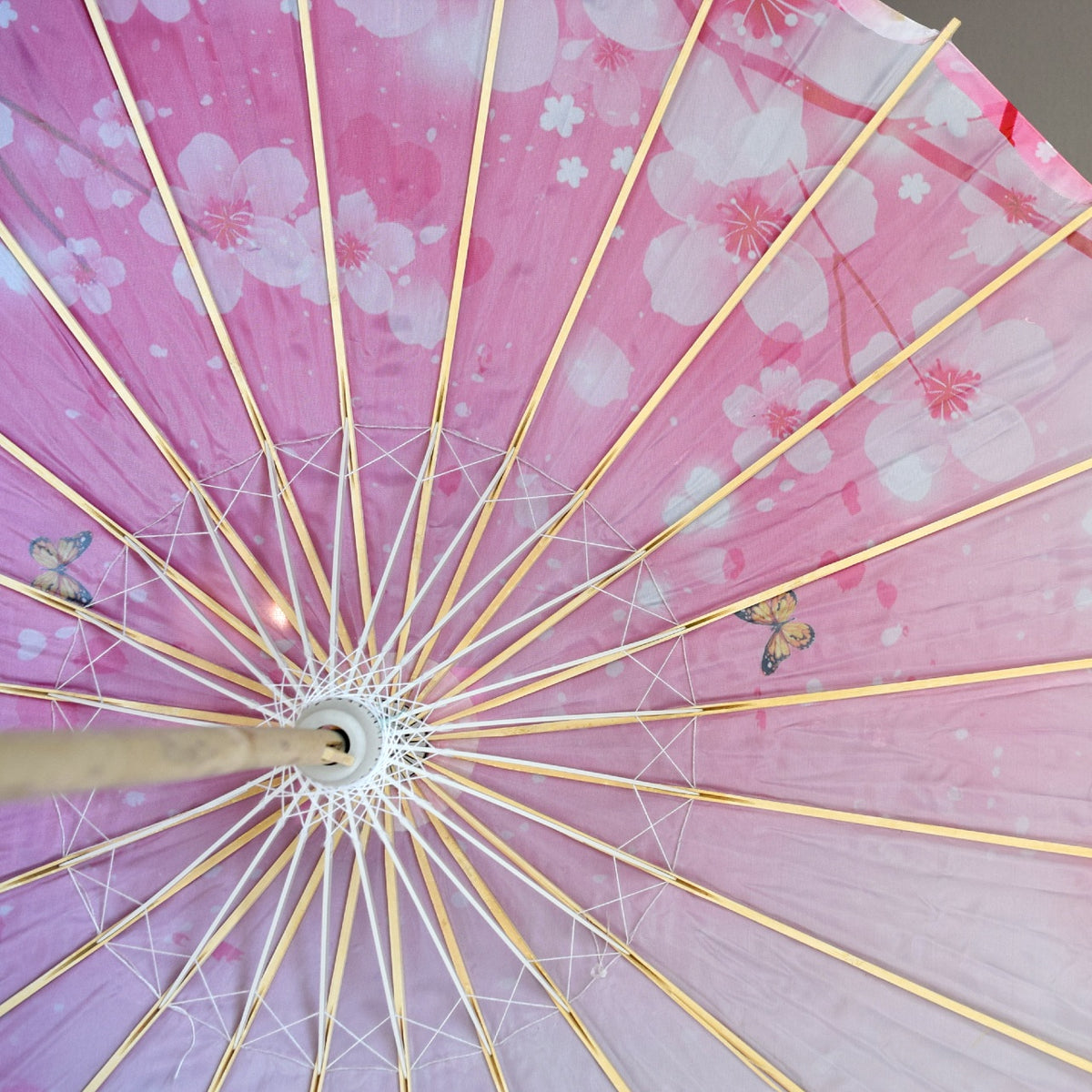32&quot; Butterfly Pink Cherry Blossom Nylon Parasol Umbrella with Elegant Handle