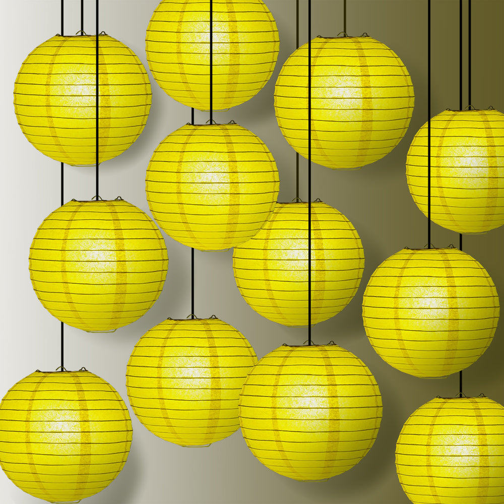 BULK PACK (12) 24&quot; Yellow Round Paper Lantern, Even Ribbing, Chinese Hanging Wedding &amp; Party Decoration