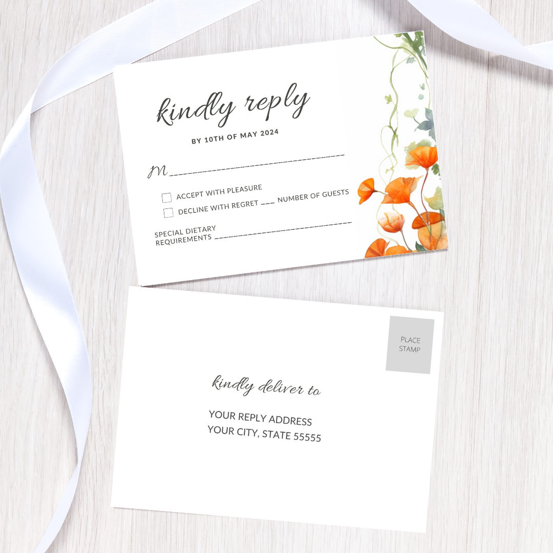 Set of Printable Wedding Invitation Templates, with Orange Nasturtium Floral Design, Digital Download, Custom DIY Edit and Print (Set Includes Invitation, RSVP and Details Card)