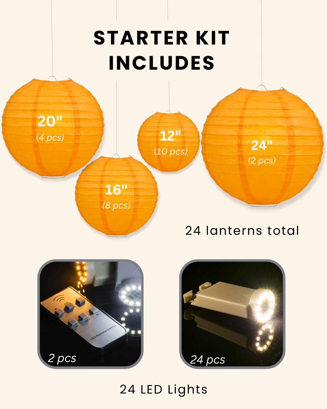 Orange Wedding &amp; Party Decoration Starter Kit – 24 Orange Paper Lanterns &amp; LED Lights | Optional Parasols &amp; Hand Fan Bundle
