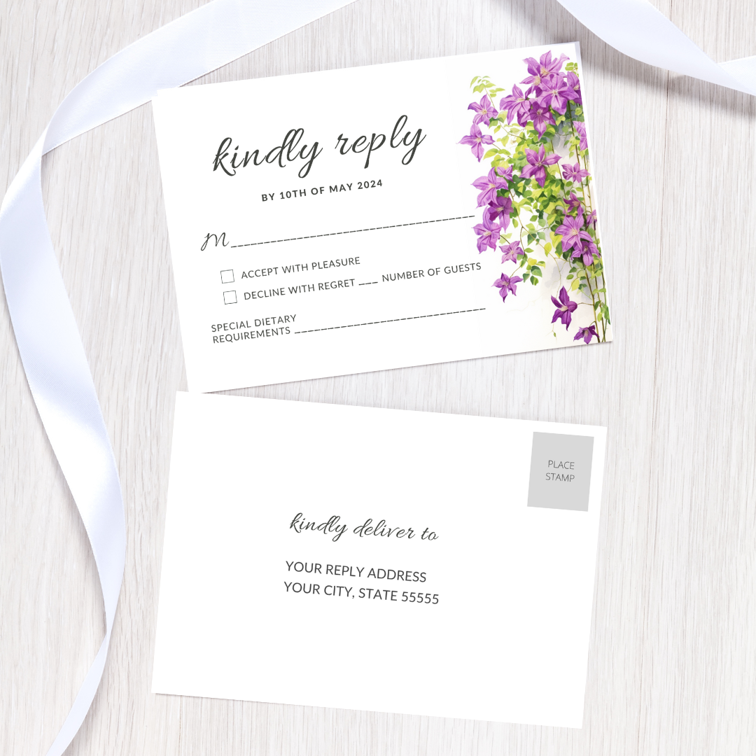 Set of Printable Wedding Invitation Templates, with Purple Clematis Floral Design, Digital Download, Custom DIY Edit and Print (Set Includes Invitation, RSVP and Details Card)