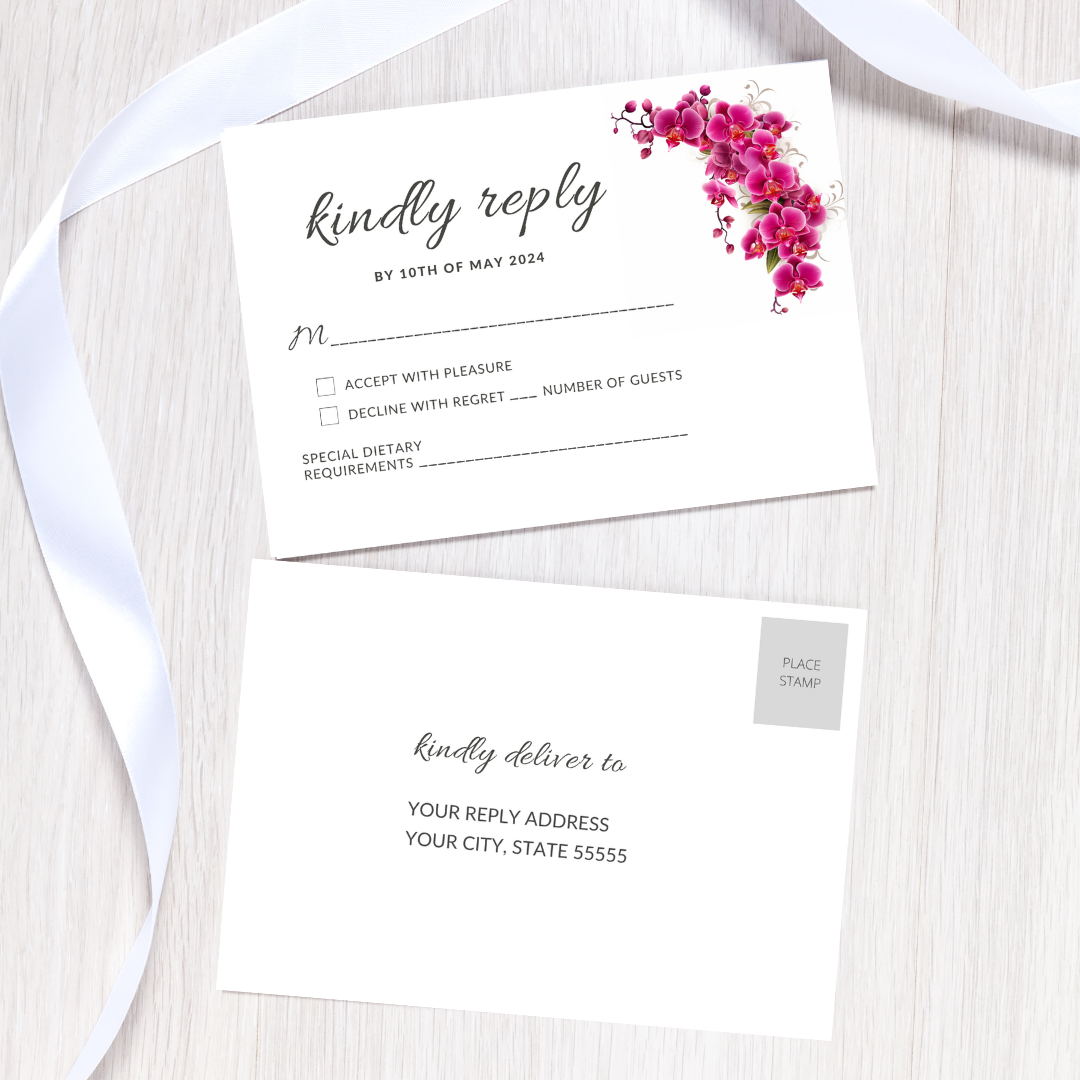 Set of Printable Wedding Invitation Templates, with Pink Orchid Floral Design, Digital Download, Custom DIY Edit and Print (Set Includes Invitation, RSVP and Details Card)
