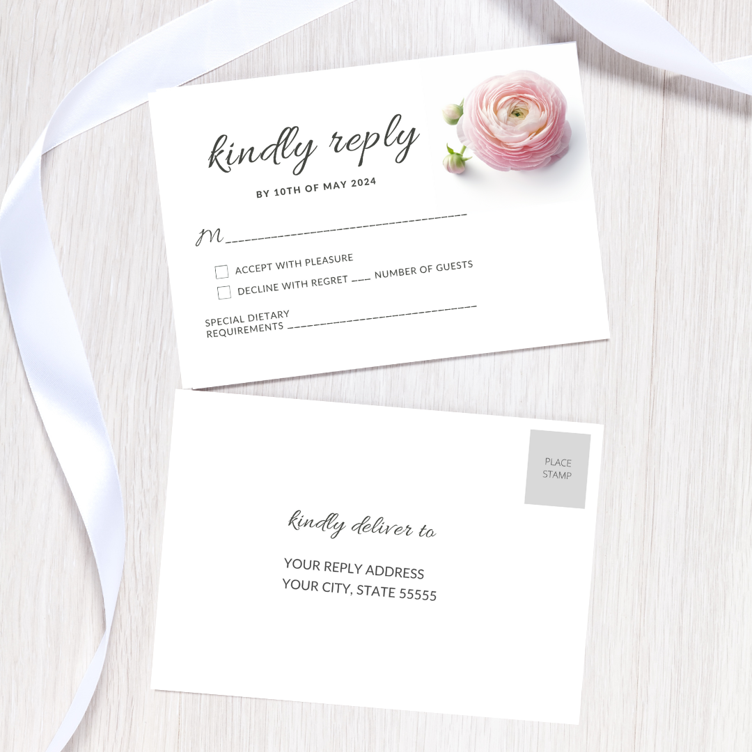 Set of Printable Wedding Invitation Templates, with Pink Ranunculus Floral Design, Digital Download, Custom DIY Edit and Print (Set Includes Invitation, RSVP and Details Card)