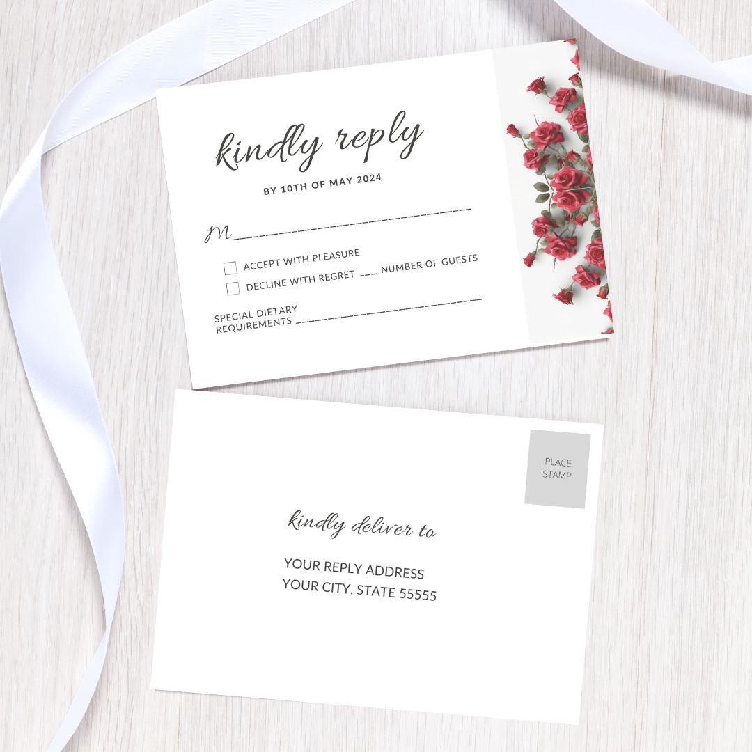 Set of Printable Wedding Invitation Templates, with Red Roses Floral Design, Digital Download, Custom DIY Edit and Print (Set Includes Invitation, RSVP and Details Card)