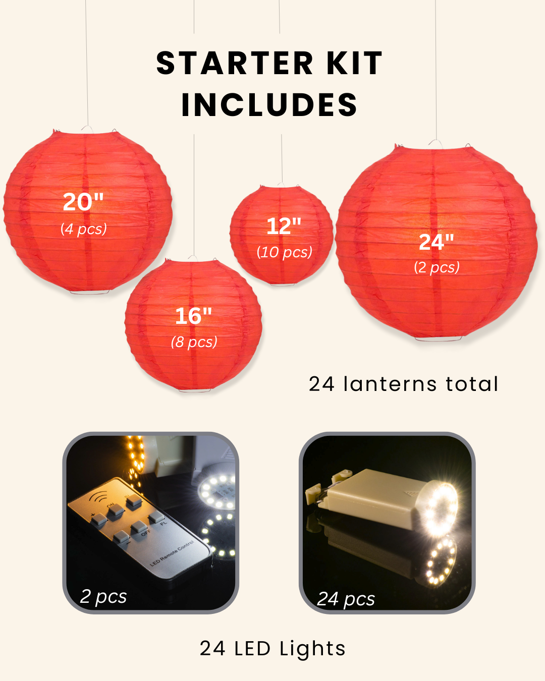 Red Wedding &amp; Party Decoration Starter Kit – 24 Red Paper Lanterns &amp; LED Lights | Optional Parasols &amp; Hand Fan Bundle