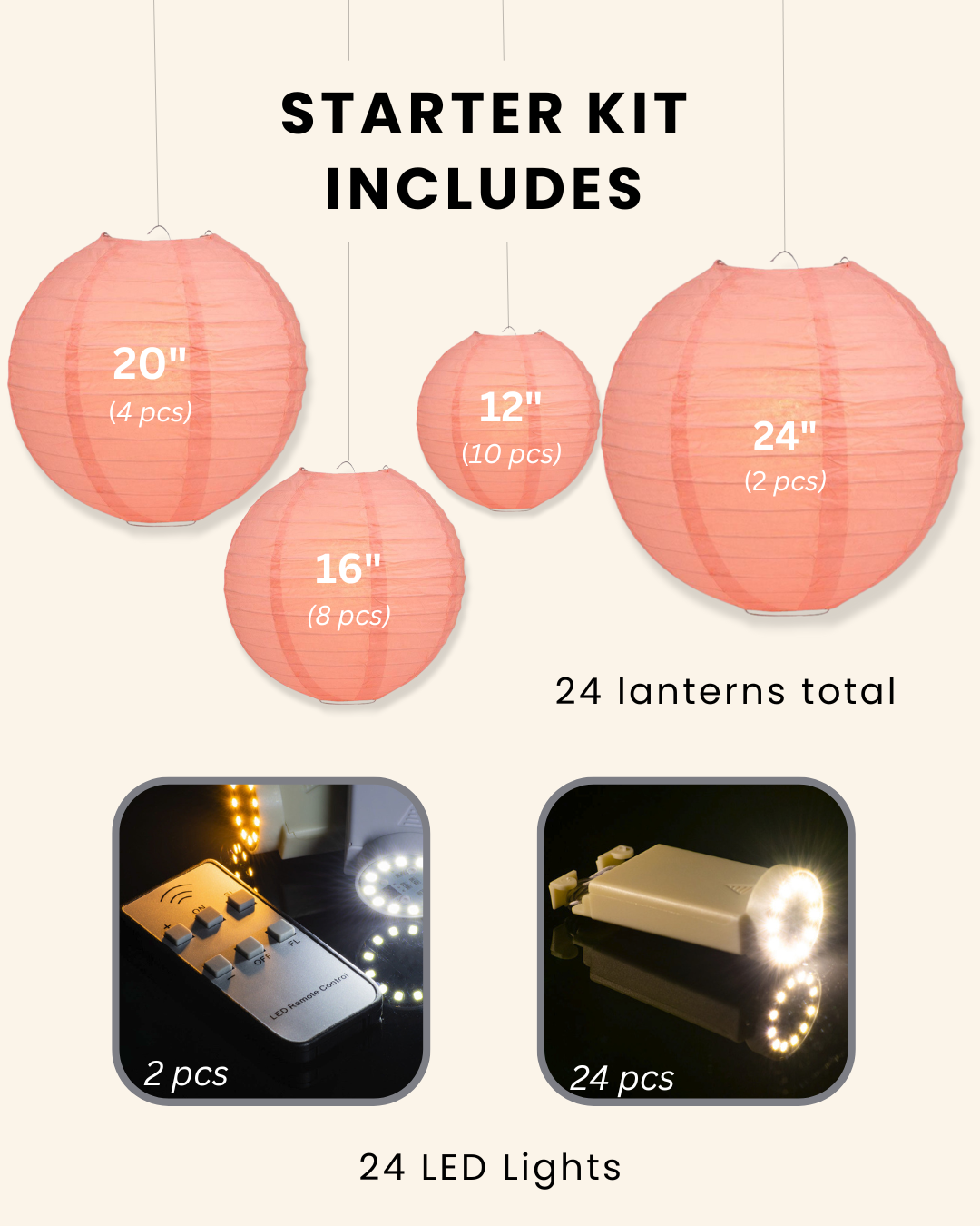 Pink Coral Wedding &amp; Party Decoration Starter Kit – 24 Pink Coral Paper Lanterns &amp; LED Lights | Optional Parasols &amp; Hand Fan Bundle