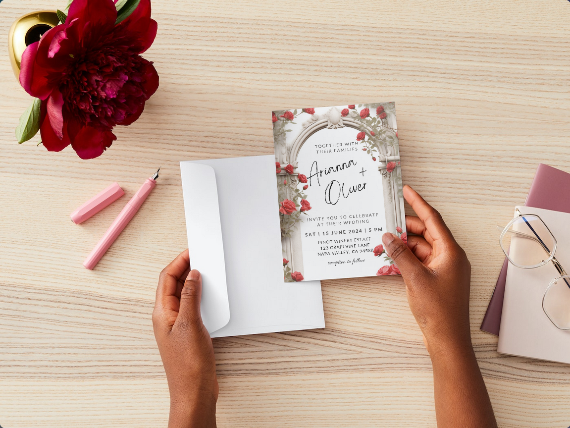 Set of Printable Wedding Invitation Templates, with Red Roses Floral Design, Digital Download, Custom DIY Edit and Print (Set Includes Invitation, RSVP and Details Card)