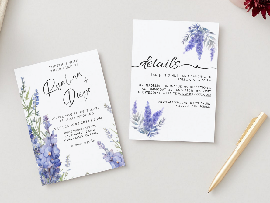 Set of Printable Wedding Invitation Templates, with Blue Lavender Floral Design, Digital Download, Custom DIY Edit and Print (Set Includes Invitation, RSVP and Details Card)