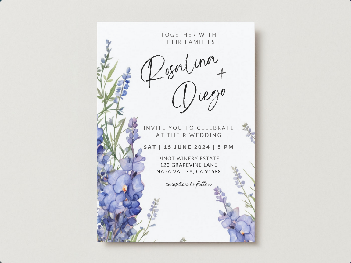 Set of Printable Wedding Invitation Templates, with Blue Lavender Floral Design, Digital Download, Custom DIY Edit and Print (Set Includes Invitation, RSVP and Details Card)