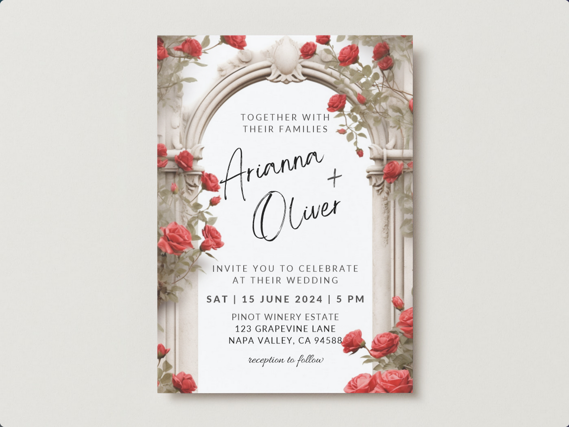 Set of Printable Wedding Invitation Templates, with Red Roses Floral Design, Digital Download, Custom DIY Edit and Print (Set Includes Invitation, RSVP and Details Card)