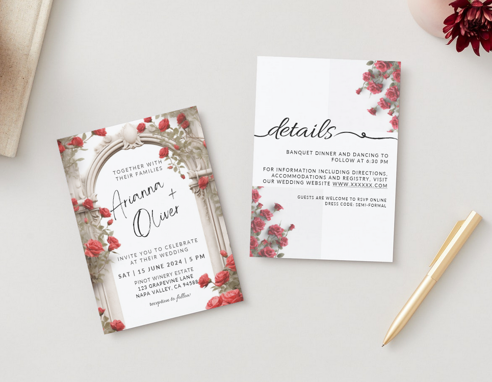 Set of Printable Wedding Invitation Templates, with Red Roses Floral Design, Digital Download, Custom DIY Edit and Print (Set Includes Invitation, RSVP and Details Card)