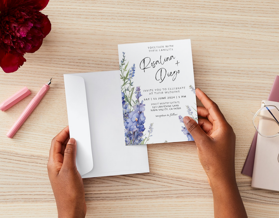 Set of Printable Wedding Invitation Templates, with Blue Lavender Floral Design, Digital Download, Custom DIY Edit and Print (Set Includes Invitation, RSVP and Details Card)