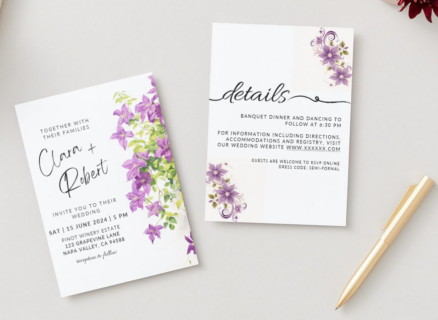 Set of Printable Wedding Invitation Templates, with Purple Clematis Floral Design, Digital Download, Custom DIY Edit and Print (Set Includes Invitation, RSVP and Details Card)