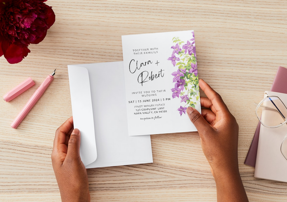 Set of Printable Wedding Invitation Templates, with Purple Clematis Floral Design, Digital Download, Custom DIY Edit and Print (Set Includes Invitation, RSVP and Details Card)