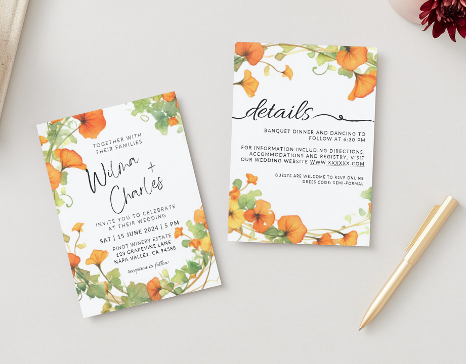 Set of Printable Wedding Invitation Templates, with Orange Nasturtium Floral Design, Digital Download, Custom DIY Edit and Print (Set Includes Invitation, RSVP and Details Card)
