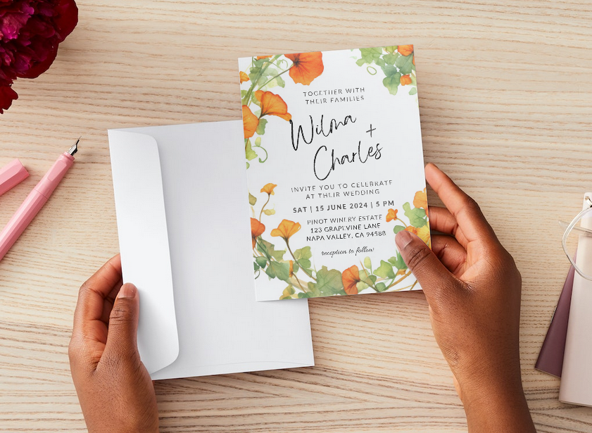 Set of Printable Wedding Invitation Templates, with Orange Nasturtium Floral Design, Digital Download, Custom DIY Edit and Print (Set Includes Invitation, RSVP and Details Card)