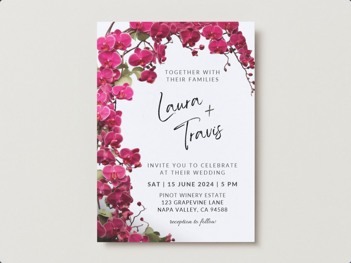 Set of Printable Wedding Invitation Templates, with Pink Orchid Floral Design, Digital Download, Custom DIY Edit and Print (Set Includes Invitation, RSVP and Details Card)