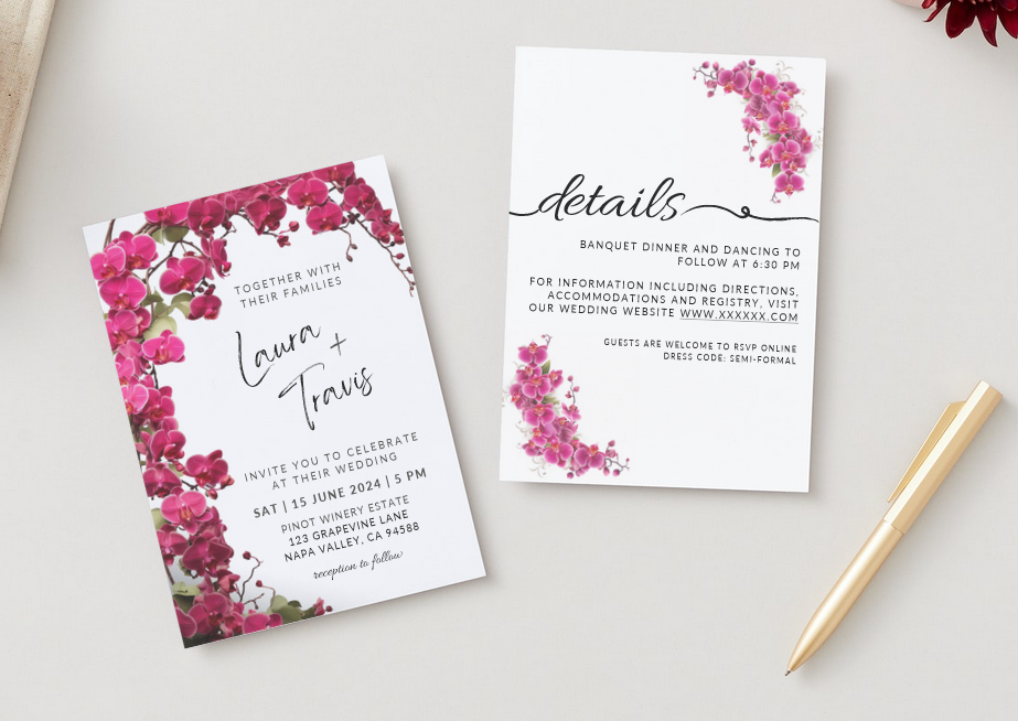 Set of Printable Wedding Invitation Templates, with Pink Orchid Floral Design, Digital Download, Custom DIY Edit and Print (Set Includes Invitation, RSVP and Details Card)