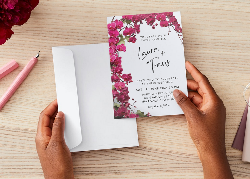 Set of Printable Wedding Invitation Templates, with Pink Orchid Floral Design, Digital Download, Custom DIY Edit and Print (Set Includes Invitation, RSVP and Details Card)
