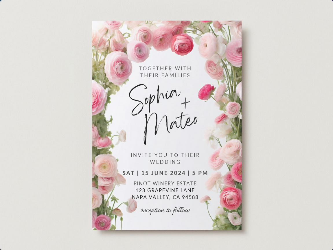 Set of Printable Wedding Invitation Templates, with Pink Ranunculus Floral Design, Digital Download, Custom DIY Edit and Print (Set Includes Invitation, RSVP and Details Card)