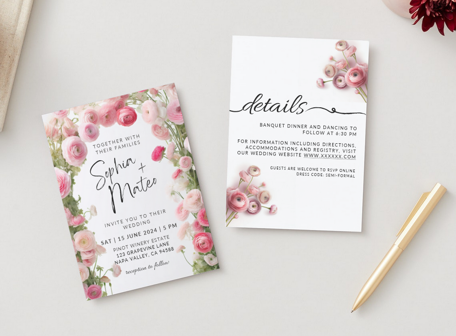 Set of Printable Wedding Invitation Templates, with Pink Ranunculus Floral Design, Digital Download, Custom DIY Edit and Print (Set Includes Invitation, RSVP and Details Card)