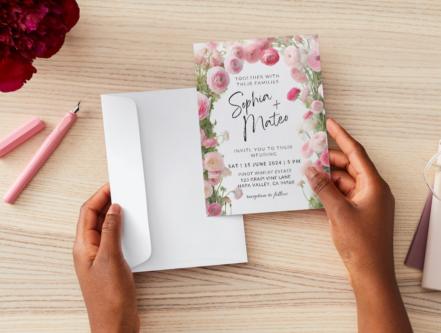 Set of Printable Wedding Invitation Templates, with Pink Ranunculus Floral Design, Digital Download, Custom DIY Edit and Print (Set Includes Invitation, RSVP and Details Card)