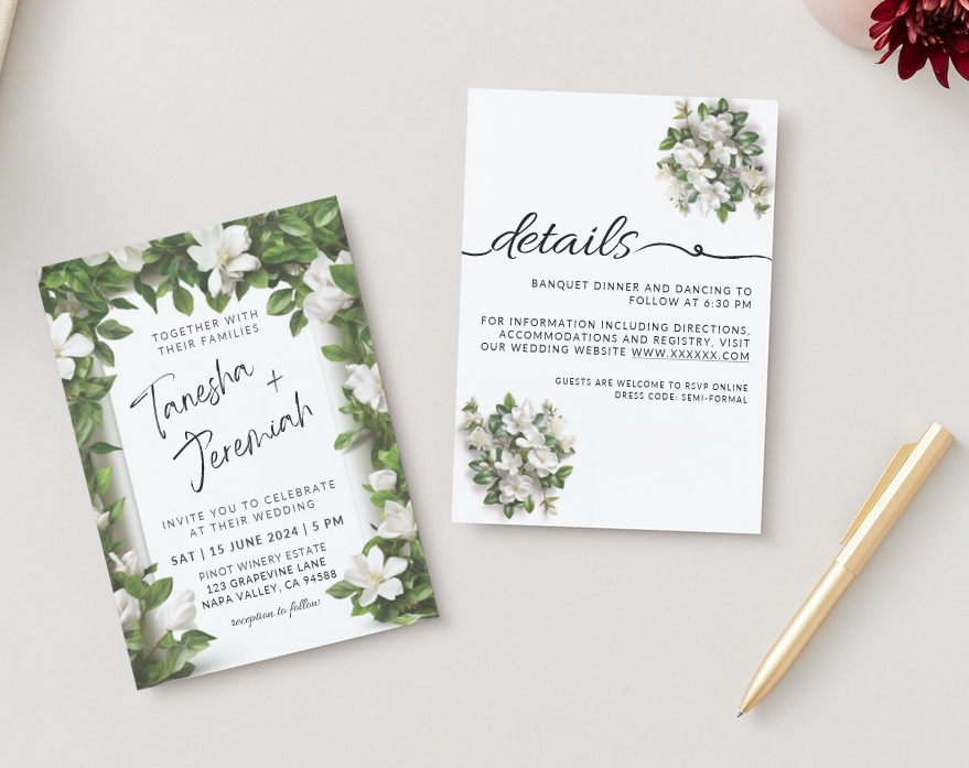 Set of Printable Wedding Invitation Templates, with White Gardenia Floral Design, Digital Download, Custom DIY Edit and Print (Set Includes Invitation, RSVP and Details Card)