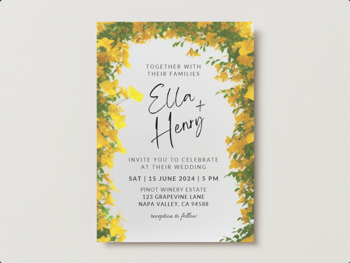 Set of Printable Wedding Invitation Templates, with Yellow Mandevilla Floral Design, Digital Download, Custom DIY Edit and Print (Set Includes Invitation, RSVP and Details Card)