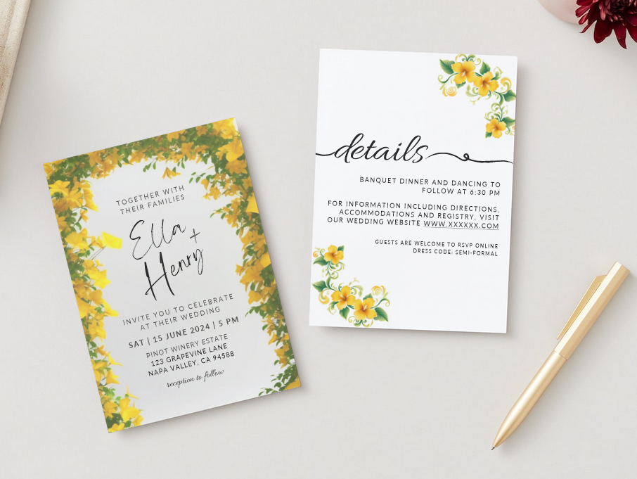 Set of Printable Wedding Invitation Templates, with Yellow Mandevilla Floral Design, Digital Download, Custom DIY Edit and Print (Set Includes Invitation, RSVP and Details Card)