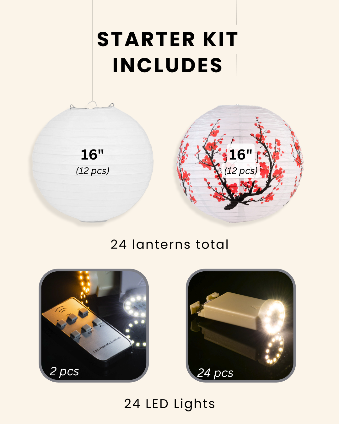 Cherry Blossom Wedding &amp; Party Decoration Starter Kit – 24 Cherry Sakura Paper Lanterns &amp; LED Lights | Optional Parasols &amp; Hand Fan Bundle