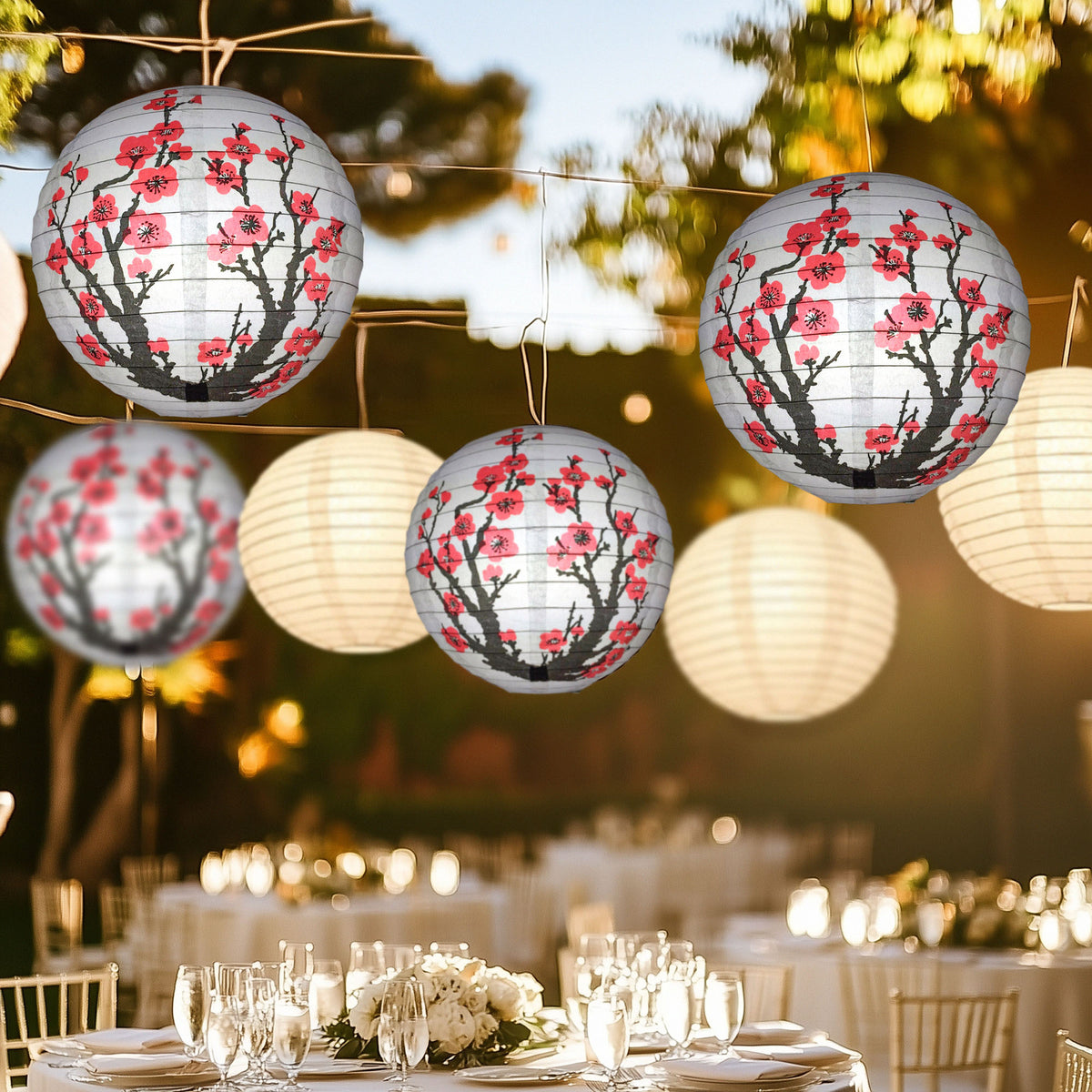 Cherry Blossom Wedding &amp; Party Decoration Starter Kit – 24 Cherry Sakura Paper Lanterns &amp; LED Lights | Optional Parasols &amp; Hand Fan Bundle