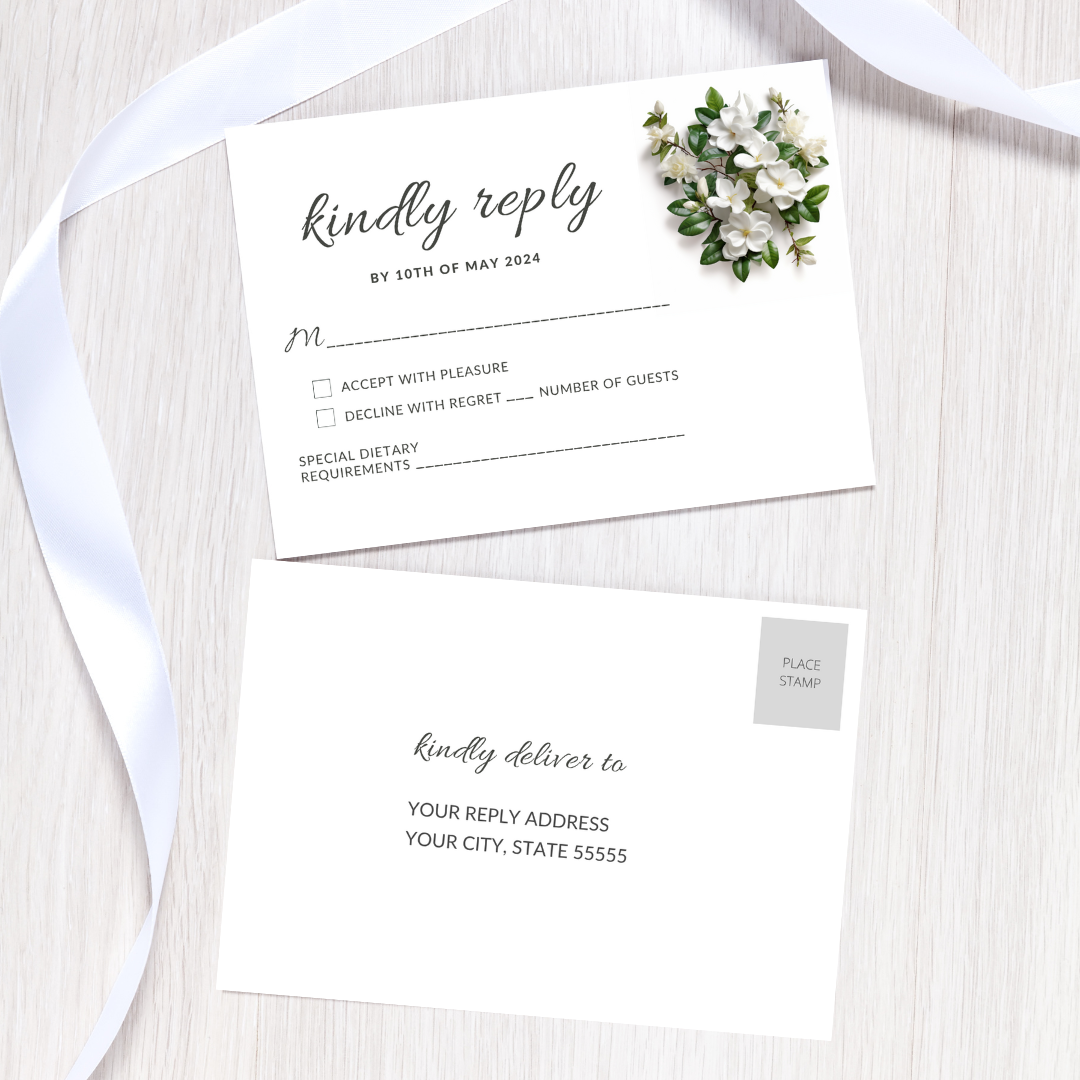 Set of Printable Wedding Invitation Templates, with White Gardenia Floral Design, Digital Download, Custom DIY Edit and Print (Set Includes Invitation, RSVP and Details Card)